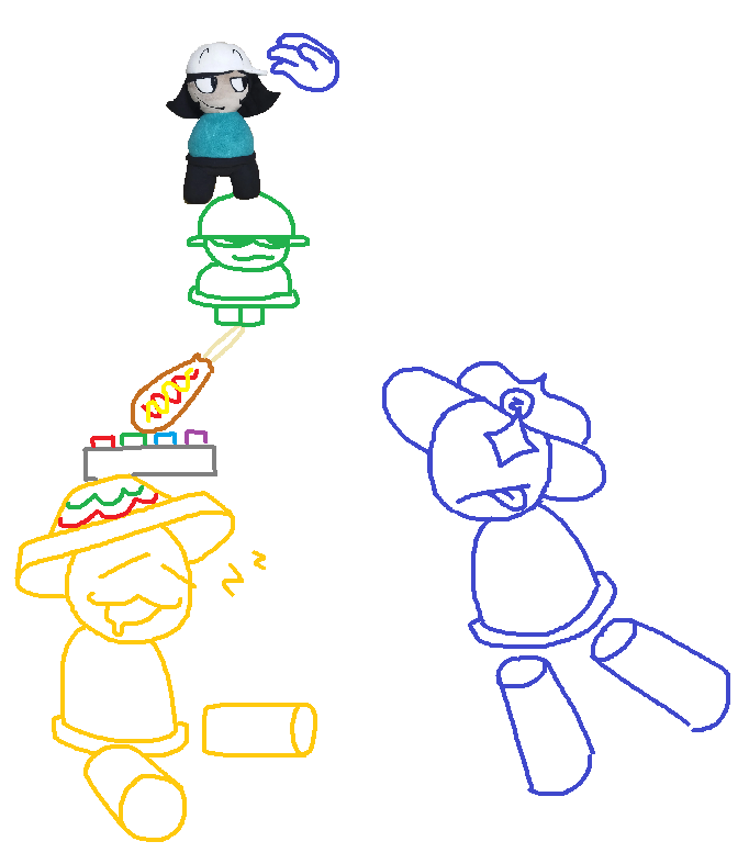 by huggienen, an image of zambi stacking various objects ontop of a sleeping bendu, including his keyboard, a corndog, brobgonal, and a bamberly plushie
